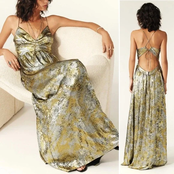 BA&SH Franckie Mixed Metallic Open Back Maxi Dress - Picture 2 of 11